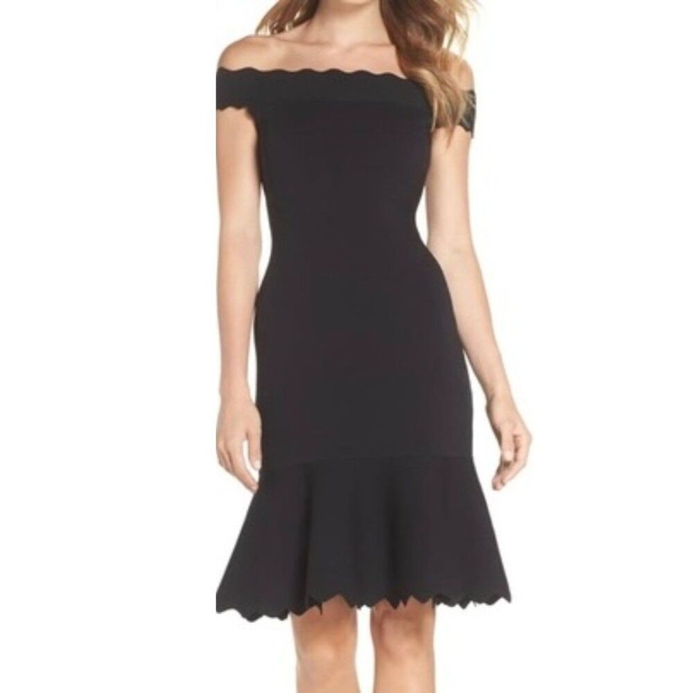 Eliza J Black Rib Sweater Dress L Off Shoulder Scallop Trumpet Knee Midi Knit